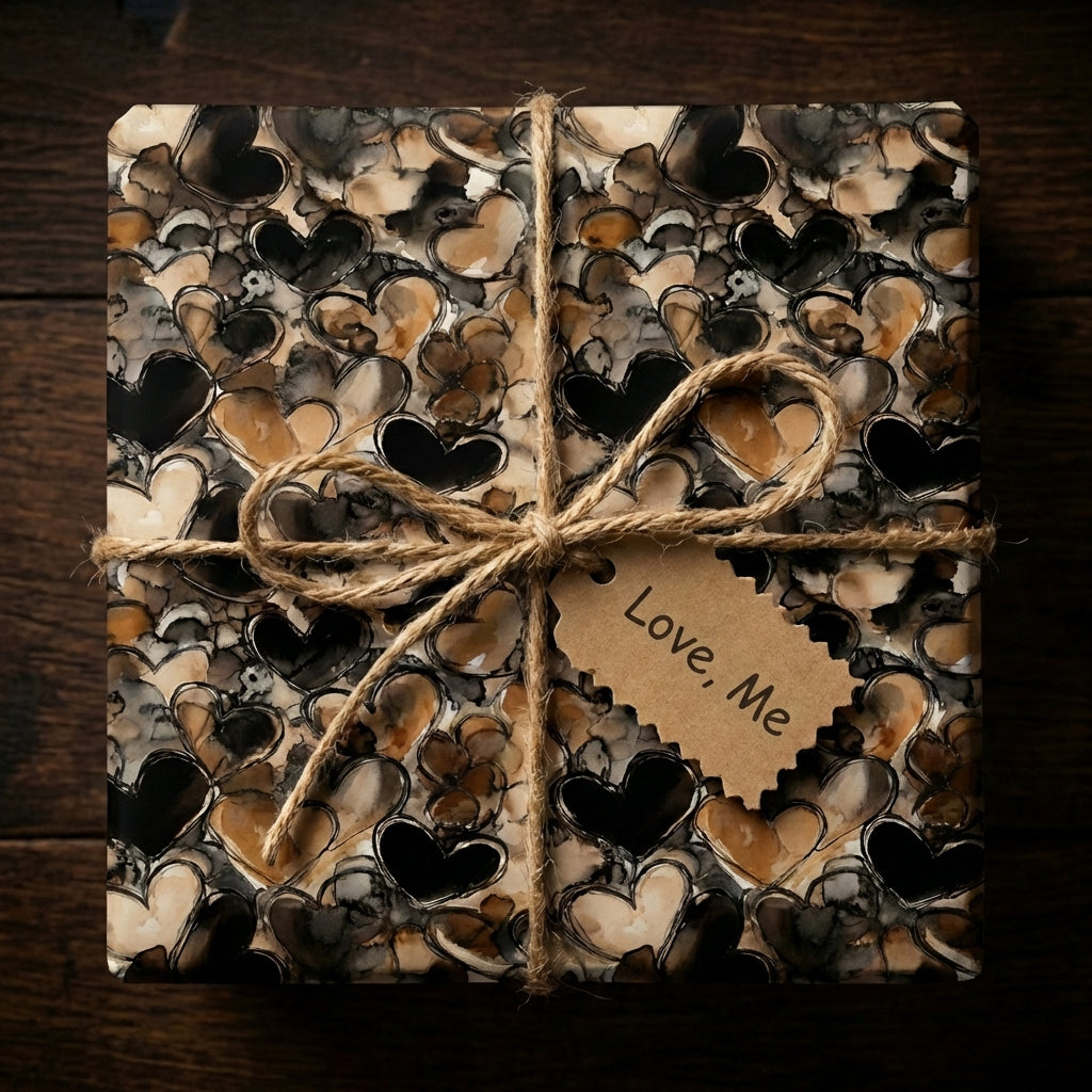 Abstract heart wrapping paper in neutral tones, tied with twine. "Love, Me" tag.
