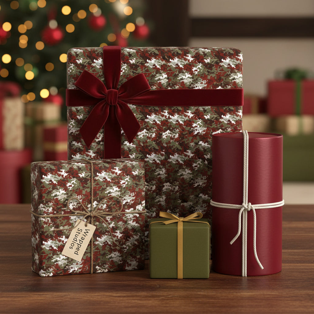 Elegant Christmas gift wrap featuring red velvet ribbon and a modern camouflage pattern in red, green, and white.