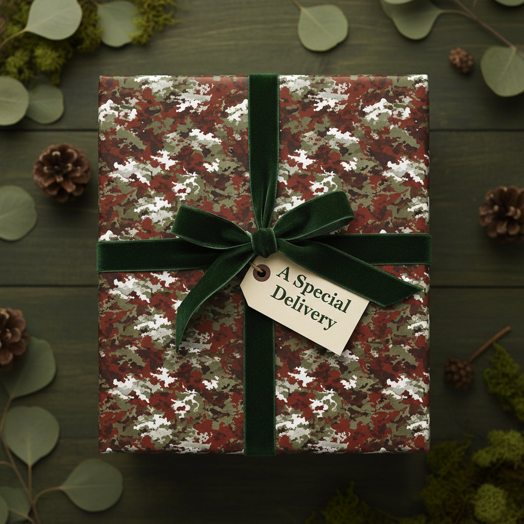 Luxury Christmas gift box wrapped in camouflage wrapping paper with green velvet ribbon.