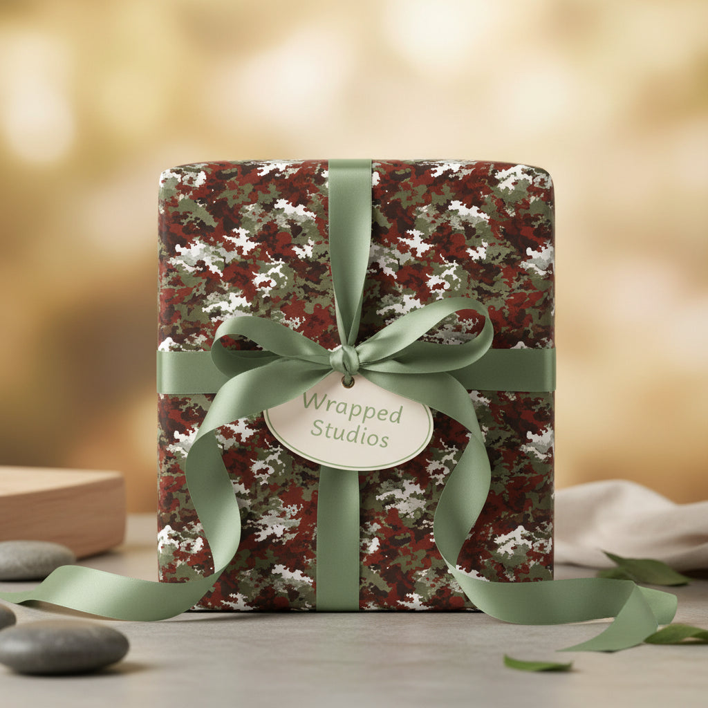Modern gift box wrapped in camouflage print paper with sage green ribbon and tag.