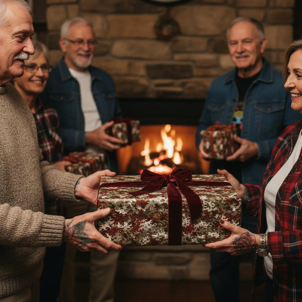 Family exchanging Christmas gifts wrapped in olive, red, and beige wrapping paper with dark red velvet ribbons.