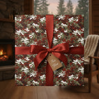 Rustic Christmas gift with camo wrapping paper, a red satin bow, and a "For You" tag by the fireplace.