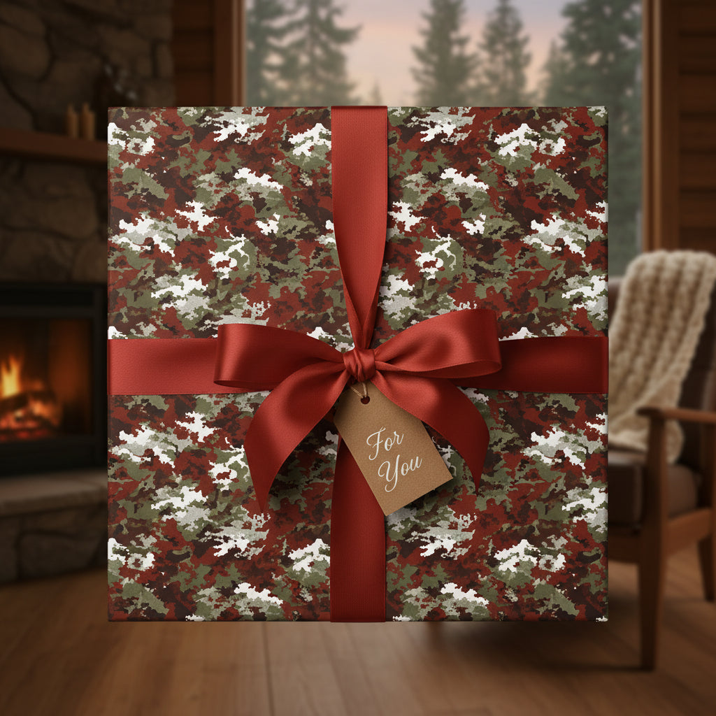 Rustic Christmas gift with camo wrapping paper, a red satin bow, and a "For You" tag by the fireplace.