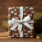 Camo wrapping paper, white ribbon, and "Dad" dog tag gift.