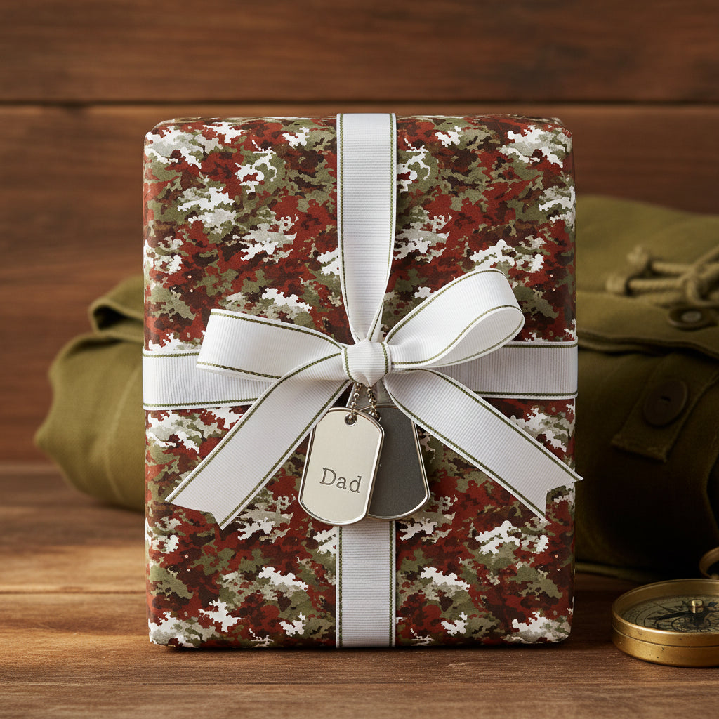 Camo wrapping paper, white ribbon, and "Dad" dog tag gift.