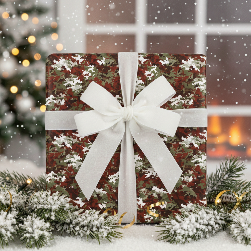 Square gift wrapped in camouflage Christmas wrapping paper with white ribbon and snowy pine garland.