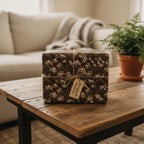 Modern gift box wrapped in camouflage-patterned wrapping paper with twine, sitting on a rustic wood table.