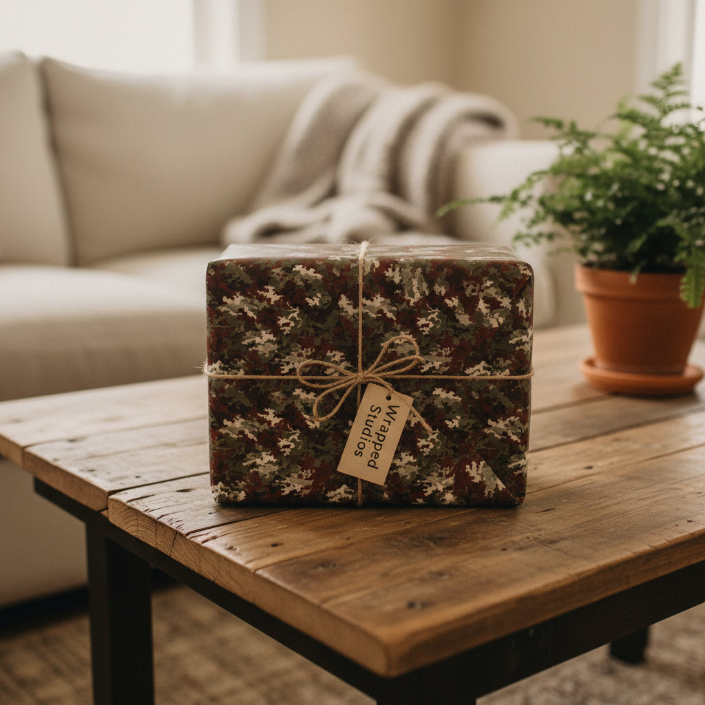 Modern gift box wrapped in camouflage-patterned wrapping paper with twine, sitting on a rustic wood table.