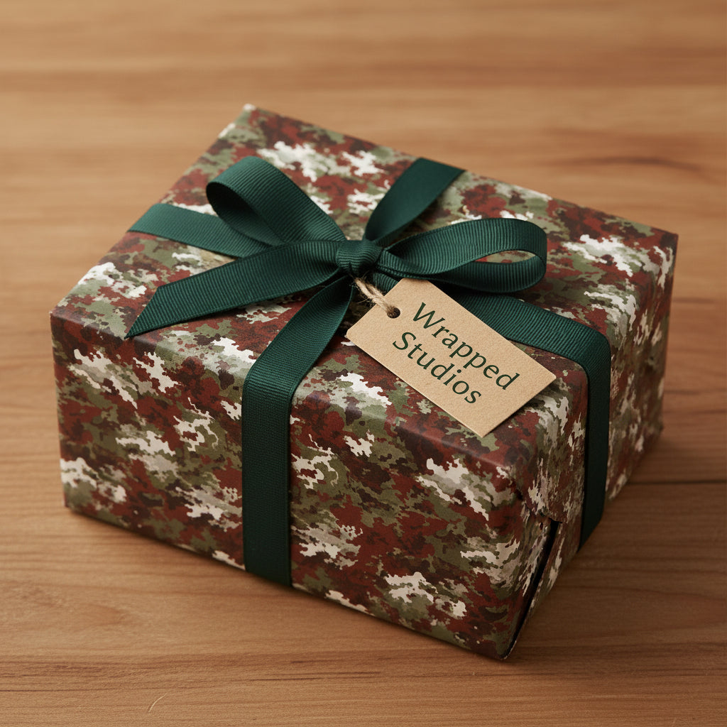 Square gift wrapped in camouflage wrapping paper with dark green ribbon.