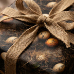 Rustic wrapping paper with a bird's nest and speckled eggs pattern, tied with a burlap bow. Perfect for Easter or baby gifts. Wrapped Studios.