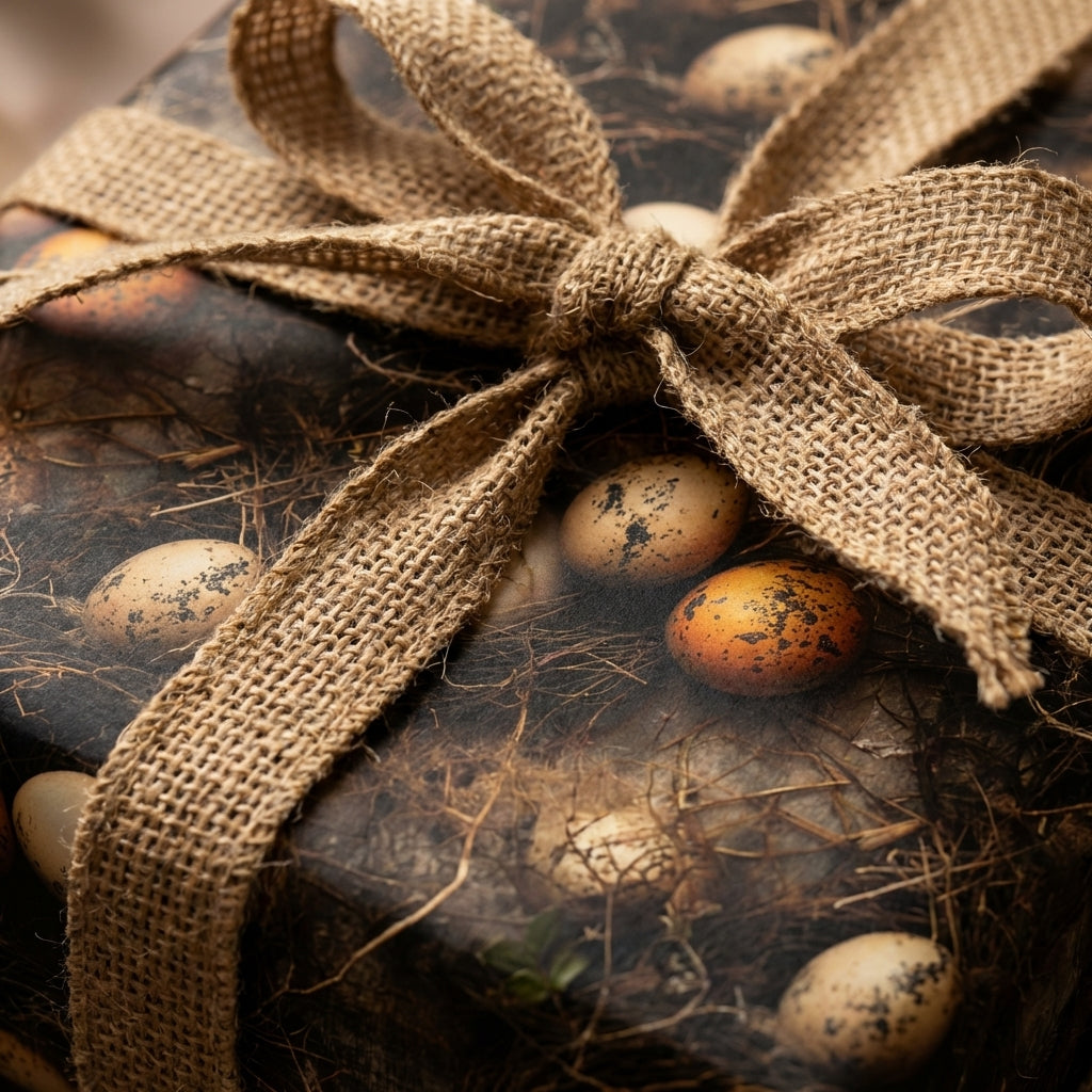 Rustic wrapping paper with a bird's nest and speckled eggs pattern, tied with a burlap bow. Perfect for Easter or baby gifts. Wrapped Studios.