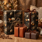 Dark rustic wrapping paper with quail egg & nest pattern, velvet ribbons, and twine. Earthy luxury gift wrap by Wrapped Studios.