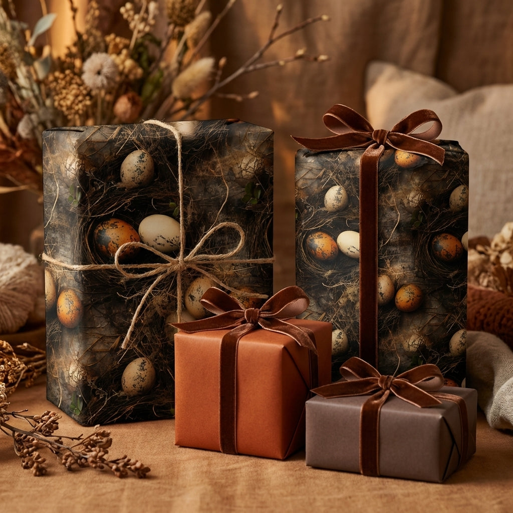 Dark rustic wrapping paper with quail egg & nest pattern, velvet ribbons, and twine. Earthy luxury gift wrap by Wrapped Studios.