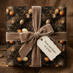 Rustic farm egg nest wrapping paper in earthy browns with brown velvet ribbon and "from our farm to yours" tag. Wrapped Studios.