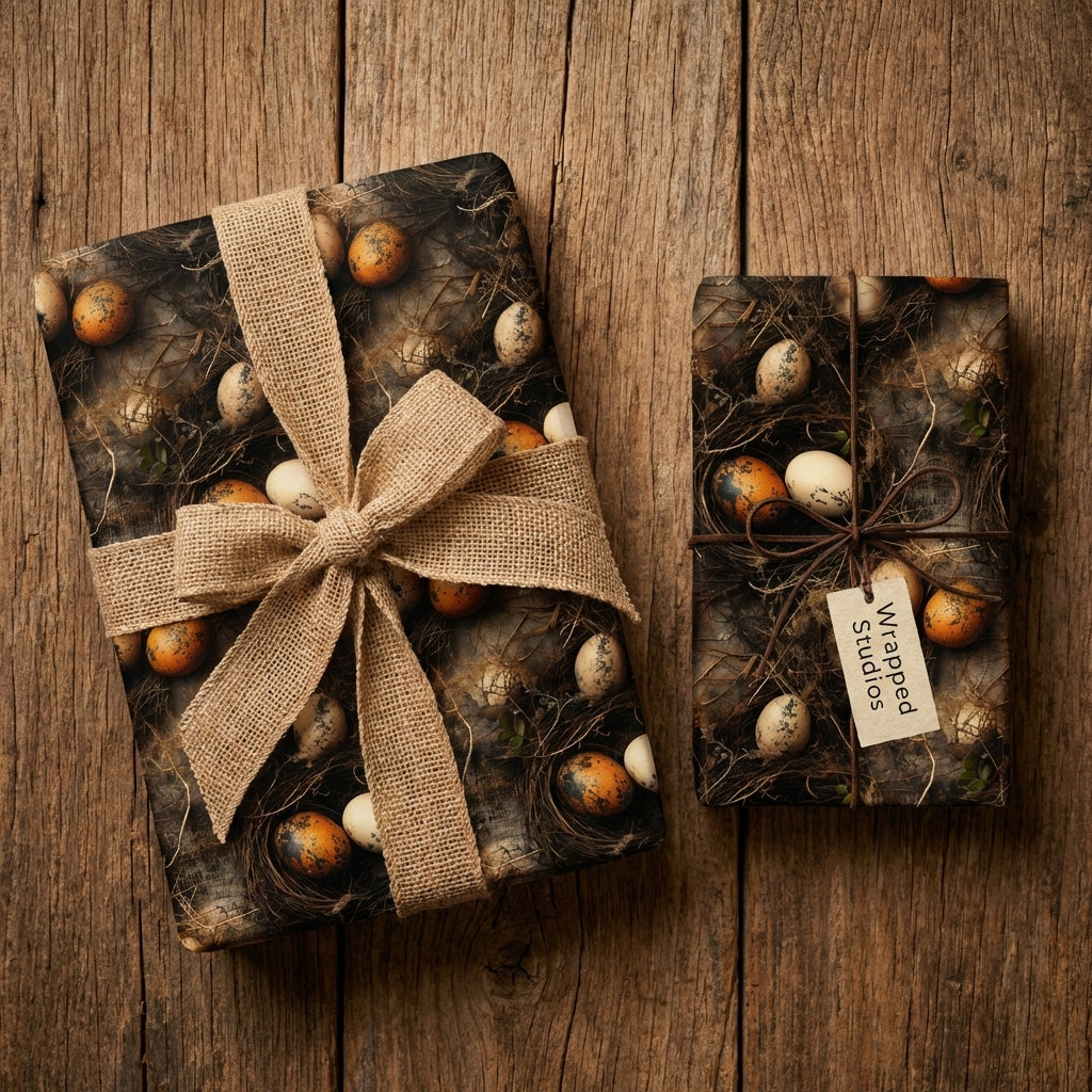 Rustic Easter gift wrap: dark paper with speckled bird nests and eggs. Burlap bow, twine, Wrapped Studios tag.