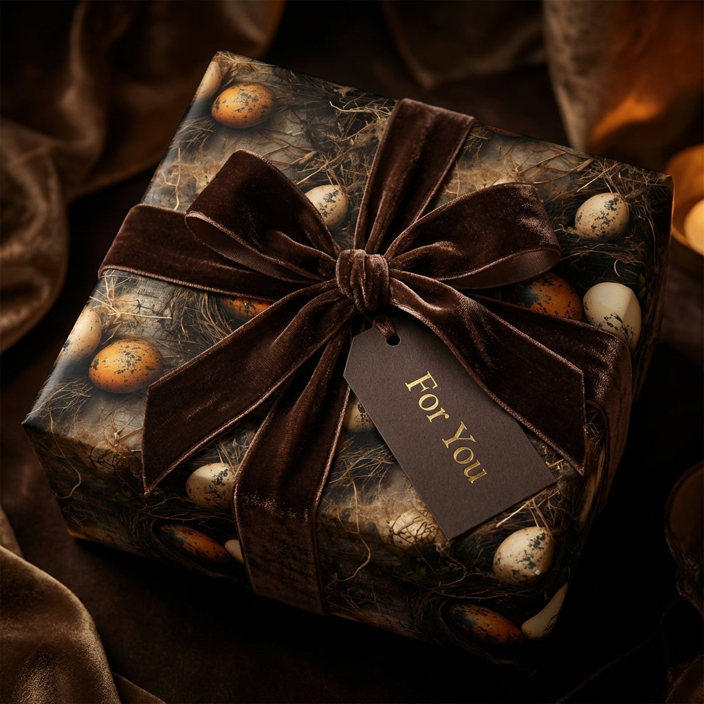 Earthy rustic nest and speckled egg wrapping paper with a dark brown velvet bow and "For You" tag. Luxury nature gift wrap.