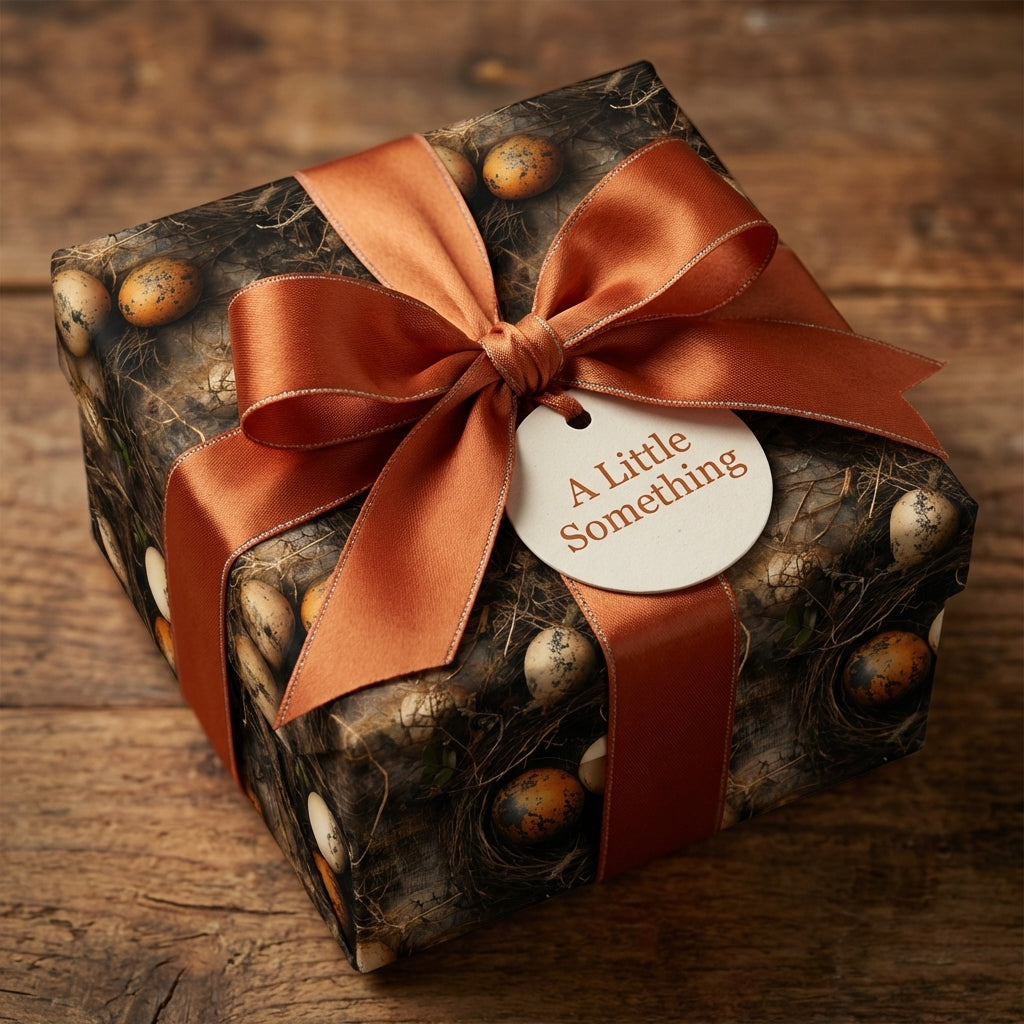 Rustic bird nest wrapping paper with speckled eggs, tied with a copper satin bow. Thoughtful gift wrap by Wrapped Studios.