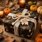 Rustic fall wrapping paper with a nest egg pattern, cream rope, dried orange, and "Harvest Blessings" tag.