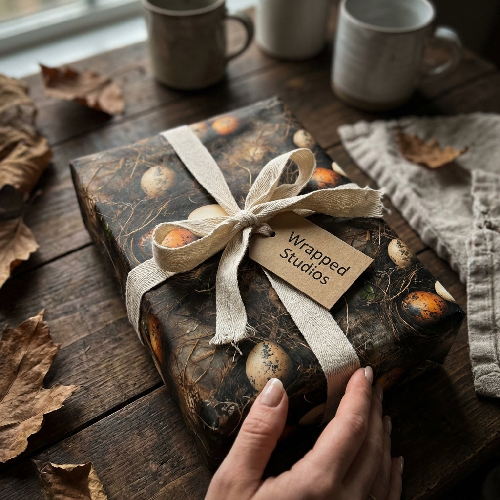 Autumnal nest & speckled egg wrapping paper with a cream ribbon. Rustic gift wrap from Wrapped Studios.
