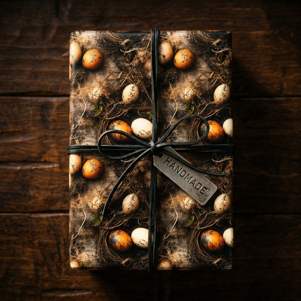 Rustic wrapping paper with bird nests, speckled eggs, dark bow, and 'HANDMADE' tag on wood. Wrapped Studios.