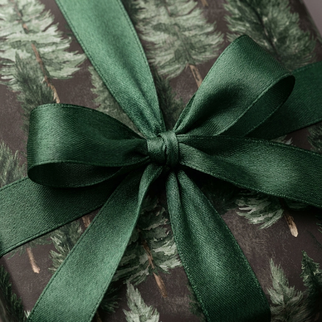 Luxury pine tree Christmas wrapping paper with a dark green satin bow by Wrapped Studios.