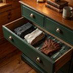 Pine tree forest wrapping paper by Wrapped Studios used as a rustic drawer liner in a cozy green dresser.