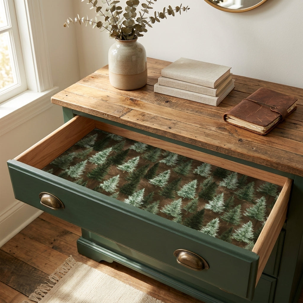 Woodland pine tree wrapping paper used as a rustic drawer liner by Wrapped Studios.