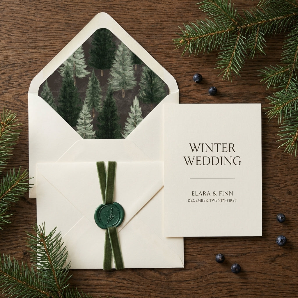 Luxury winter wedding invitation with pine tree forest envelope liner and green wax seal by Wrapped Studios.