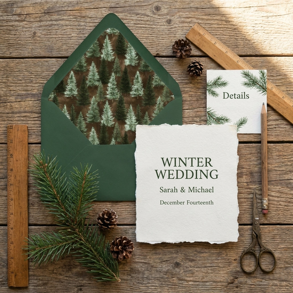 Rustic winter wedding invitation with forest pine tree envelope liner by Wrapped Studios.