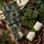Elegant pine tree Christmas wrapping paper and green velvet luxury gift wrap by Wrapped Studios.