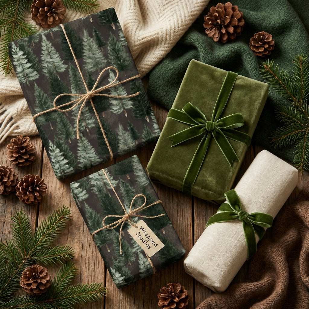 Elegant pine tree Christmas wrapping paper and green velvet luxury gift wrap by Wrapped Studios.