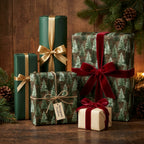 Rustic pine tree Christmas gift wrap and green wrapping paper with velvet ribbons by Wrapped Studios.