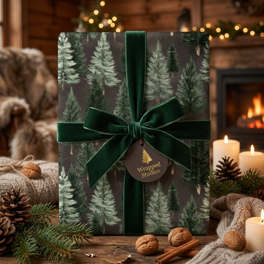 Luxury forest pine tree Christmas wrapping paper with green velvet bow by Wrapped Studios.