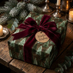 Rustic forest Christmas wrapping paper with a burgundy velvet bow by Wrapped Studios.