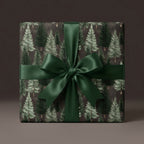 Forest pine tree Christmas gift wrap with a luxury green satin bow by Wrapped Studios.