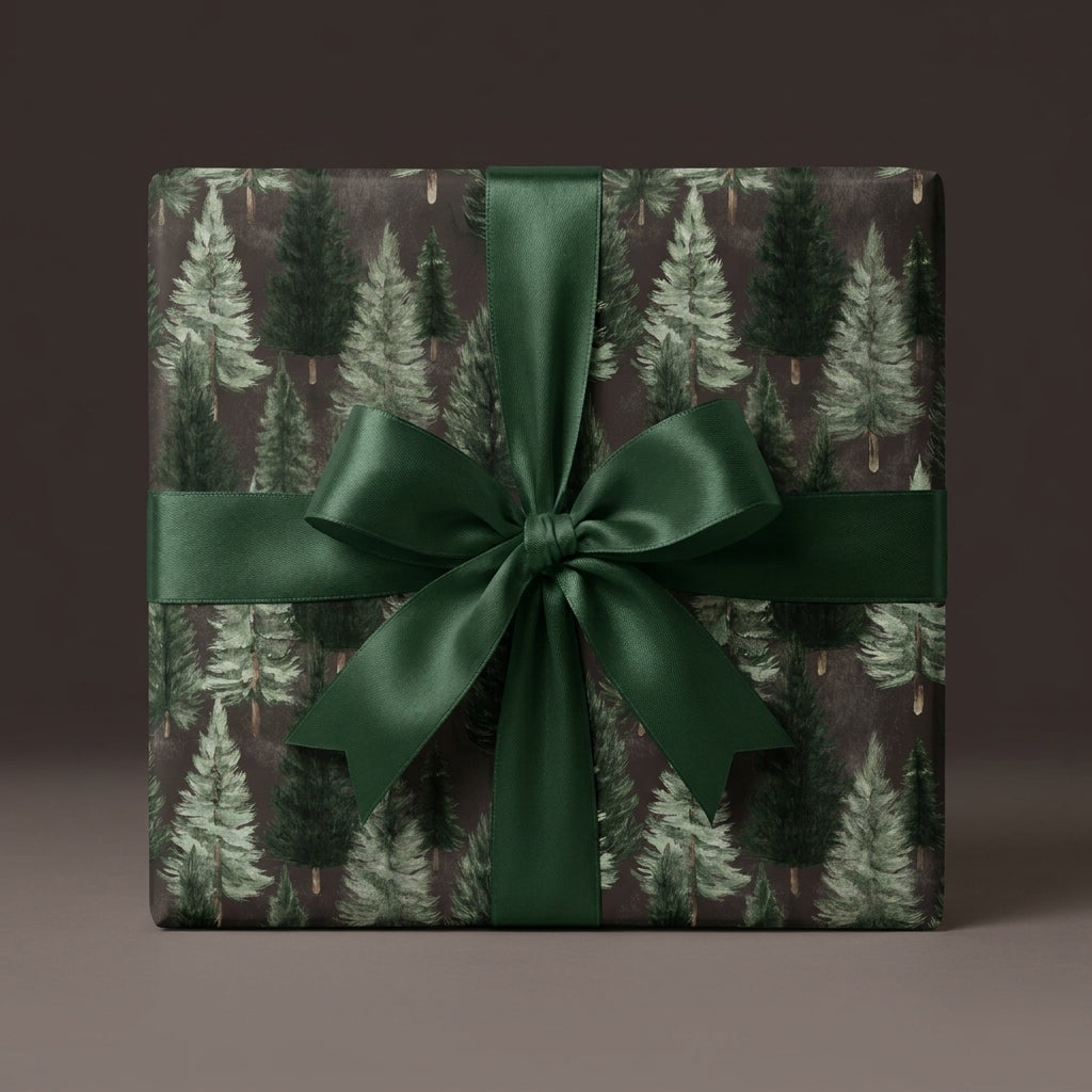 Forest pine tree Christmas gift wrap with a luxury green satin bow by Wrapped Studios.