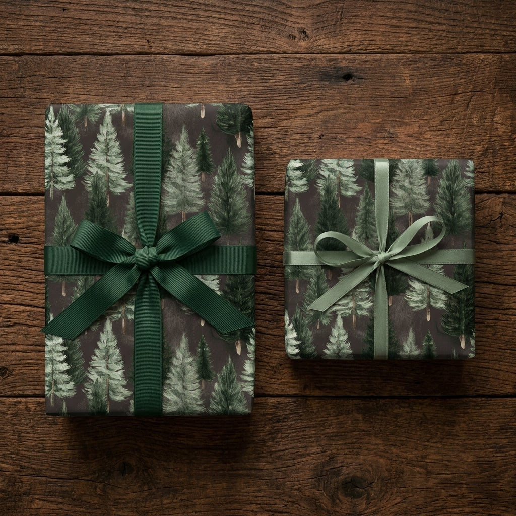 Rustic pine tree Christmas wrapping paper on gifts with green ribbons on wood, by Wrapped Studios.
