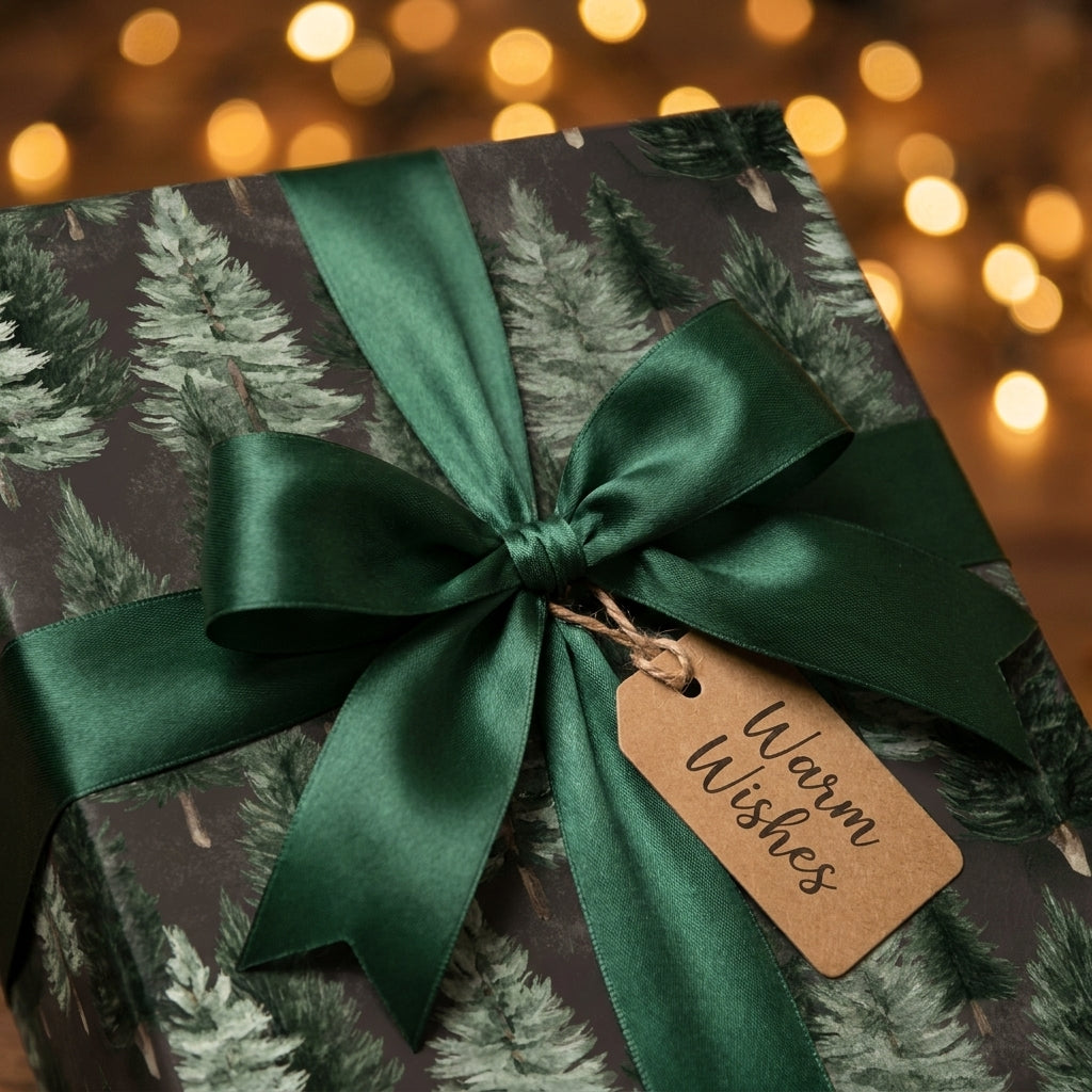 Christmas gift wrap with pine trees, a dark green satin bow, and a Warm Wishes tag by Wrapped Studios.
