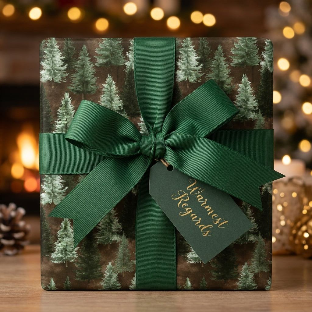 Rustic forest Christmas wrapping paper with a green ribbon and holiday gift tag by Wrapped Studios.