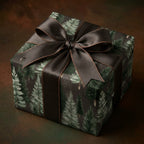 Pine tree Christmas wrapping paper with brown satin bow, luxury holiday gift wrap by Wrapped Studios.