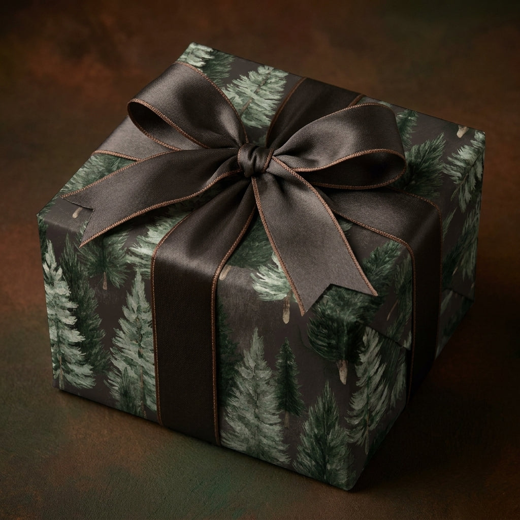 Pine tree Christmas wrapping paper with brown satin bow, luxury holiday gift wrap by Wrapped Studios.