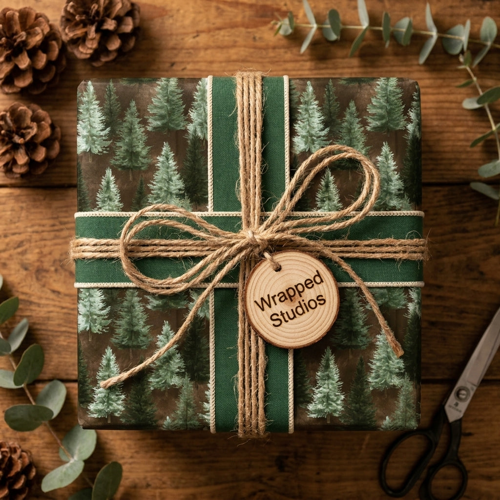 Rustic pine tree Christmas wrapping paper with green ribbon and twine bow, by Wrapped Studios.