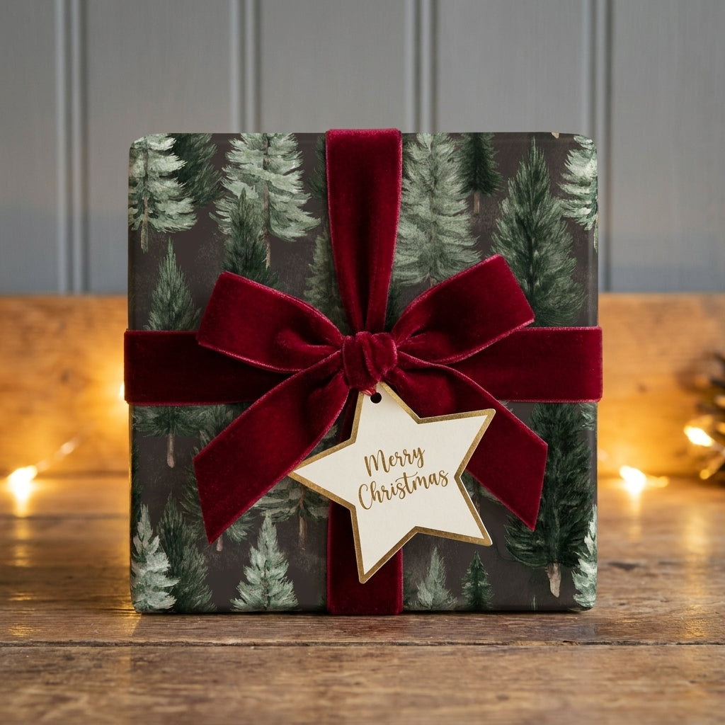 Luxury pine tree Christmas wrapping paper with a red velvet bow by Wrapped Studios.