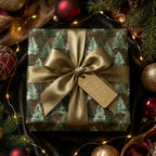 Luxury Christmas gift wrap with green pine trees, gold ribbon, and Merry Christmas tag by Wrapped Studios.