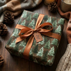 Rustic pine tree Christmas gift wrap with a copper bow and 'Joy' tag by Wrapped Studios.