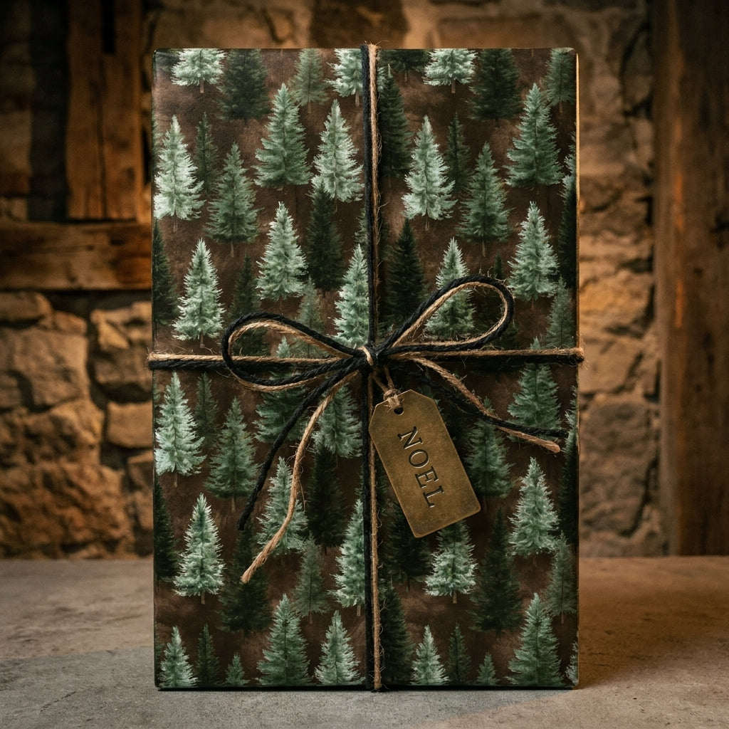 Rustic pine tree Christmas gift wrap with a twine bow and Noel tag by Wrapped Studios.