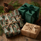 Rustic pine tree Christmas wrapping paper and green velvet gift wrap on a wooden table by Wrapped Studios.