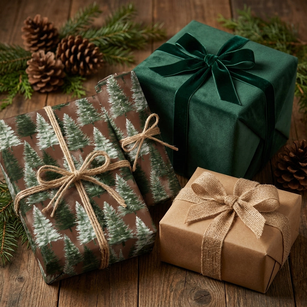 Rustic pine tree Christmas wrapping paper and green velvet gift wrap on a wooden table by Wrapped Studios.