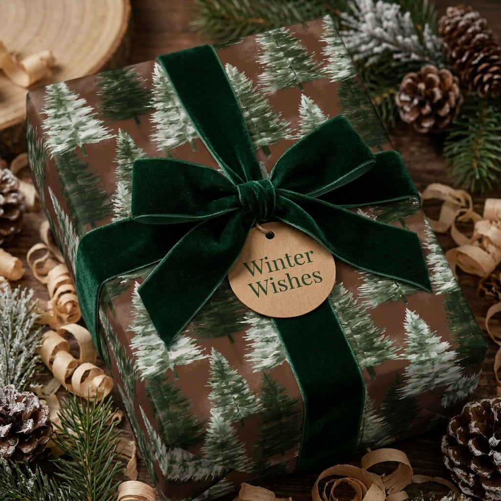 Rustic forest Christmas wrapping paper with green velvet ribbon and Winter Wishes tag by Wrapped Studios.