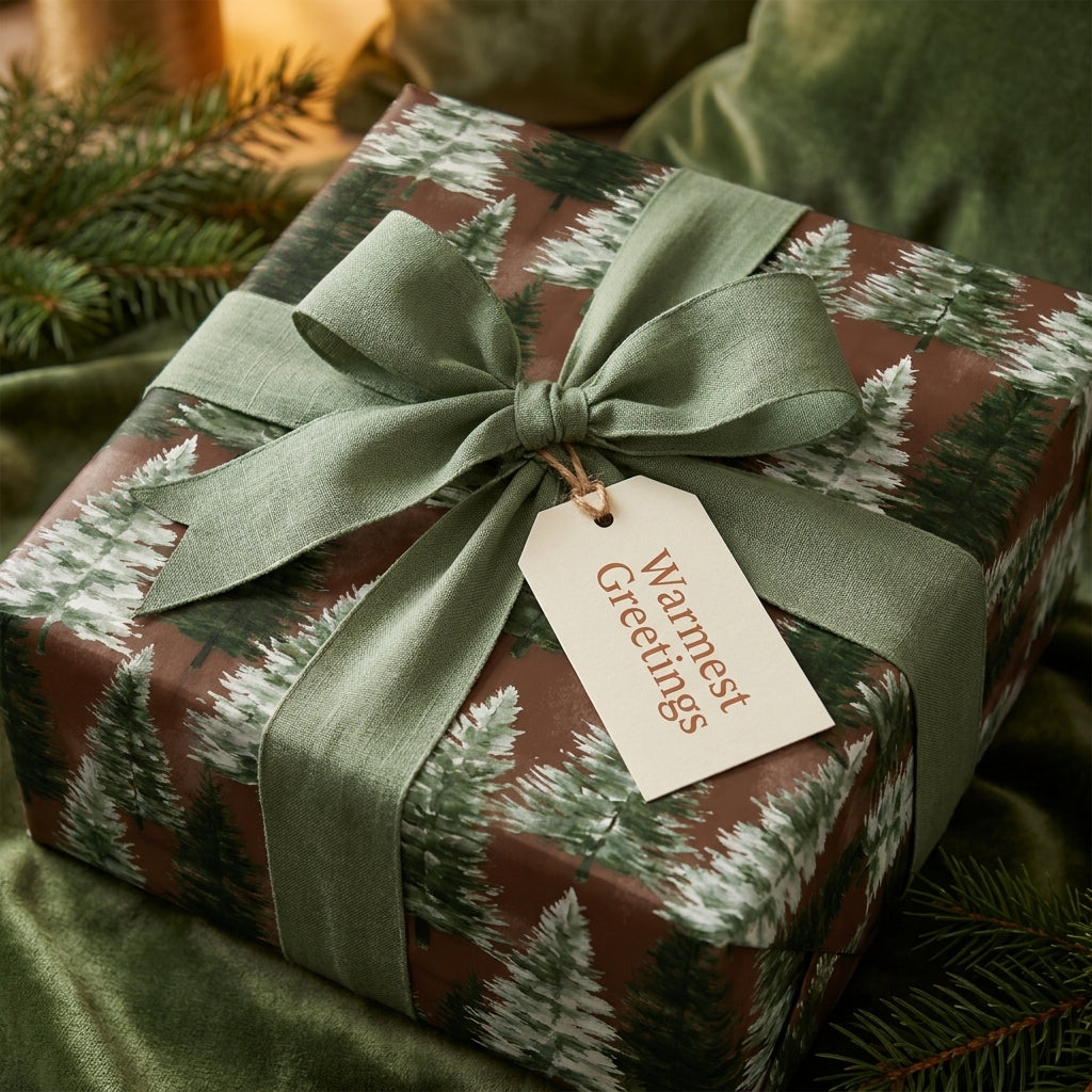 Rustic Christmas wrapping paper with a snowy tree pattern and sage green ribbon by Wrapped Studios.